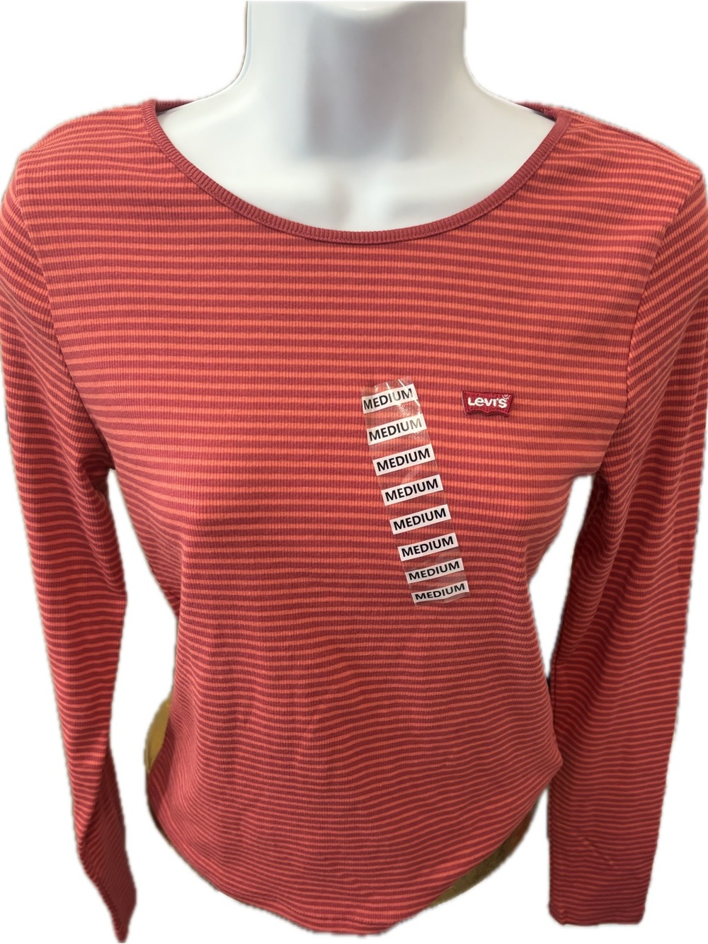 Levi's Women's Coral and Pink Striped Ribbed Long-Sleeve Tee NWOT